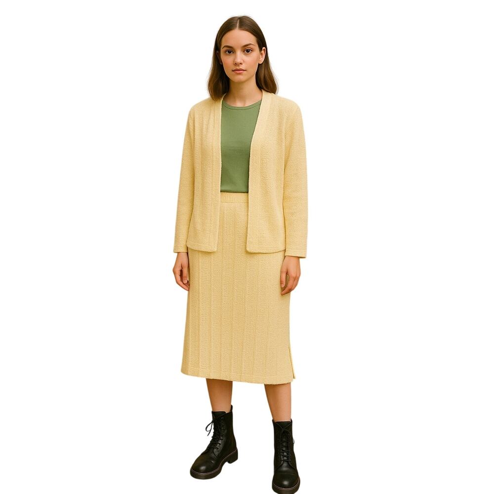 Vintage Perceptions Ribbed Knit Midi Skirt cardigan set union made USA grandma M